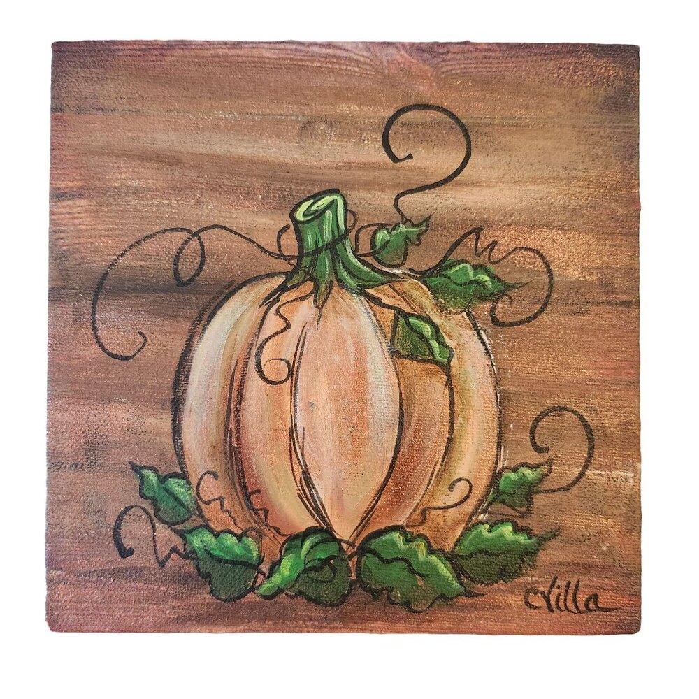 Original Pumpkin Painting on Wrapped Canvas Shelf Sitter 6 x 6 AS IS